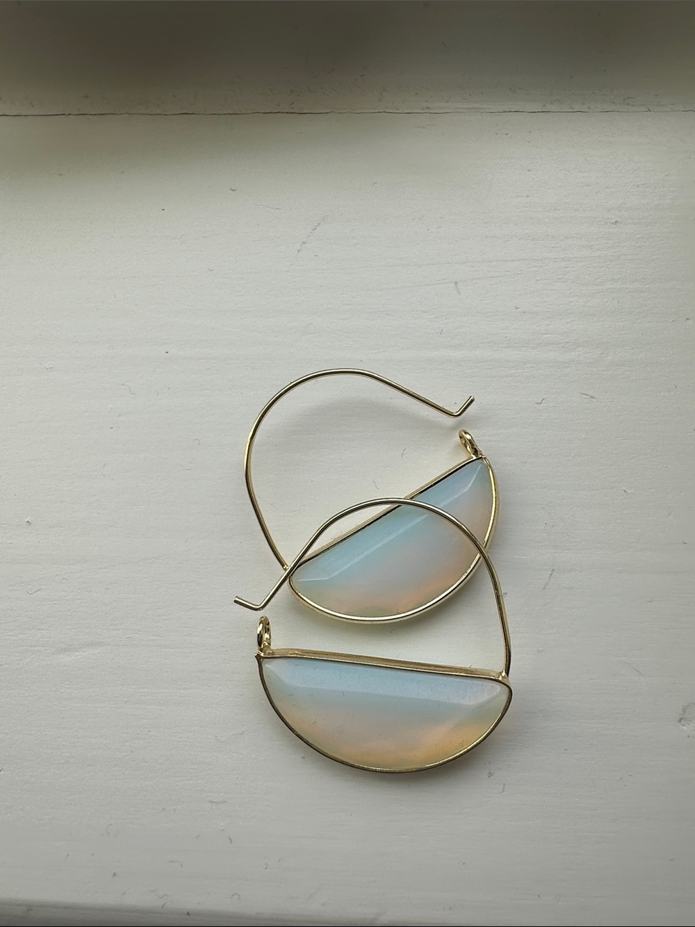 Gold Hoop Earrings with Opalescent Blue Semi-Circle Inlay